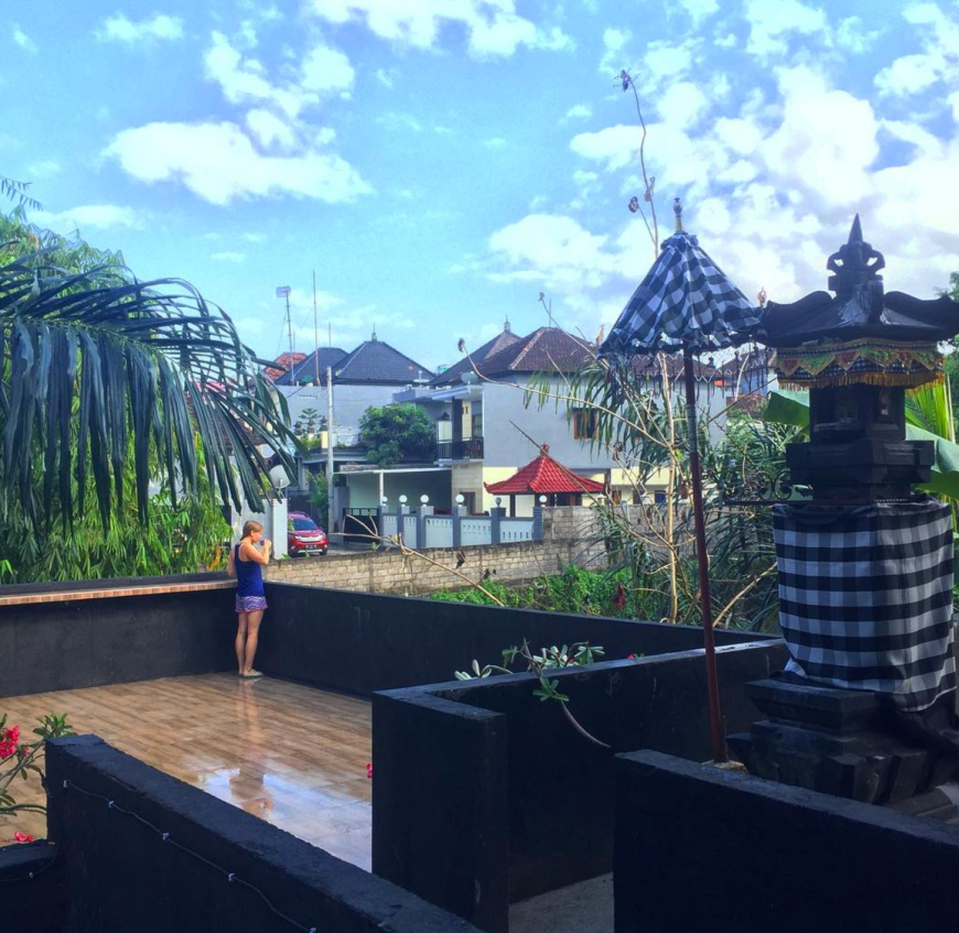 Alli enjoying some tea at the Paica Hostel in Denpasar Bali on our first morning