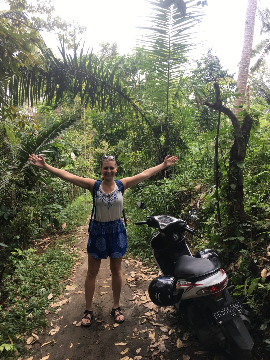 Done biking up the mountainside and ready to start the hike to the waterfall