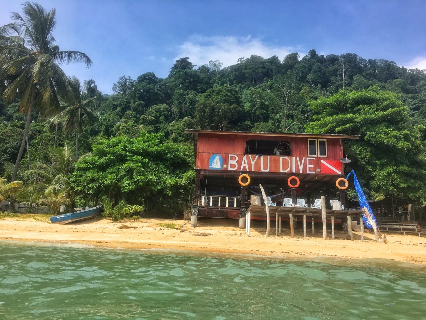 View, from the water, of Bayu Dive Center on Tioman Island in Malaysia