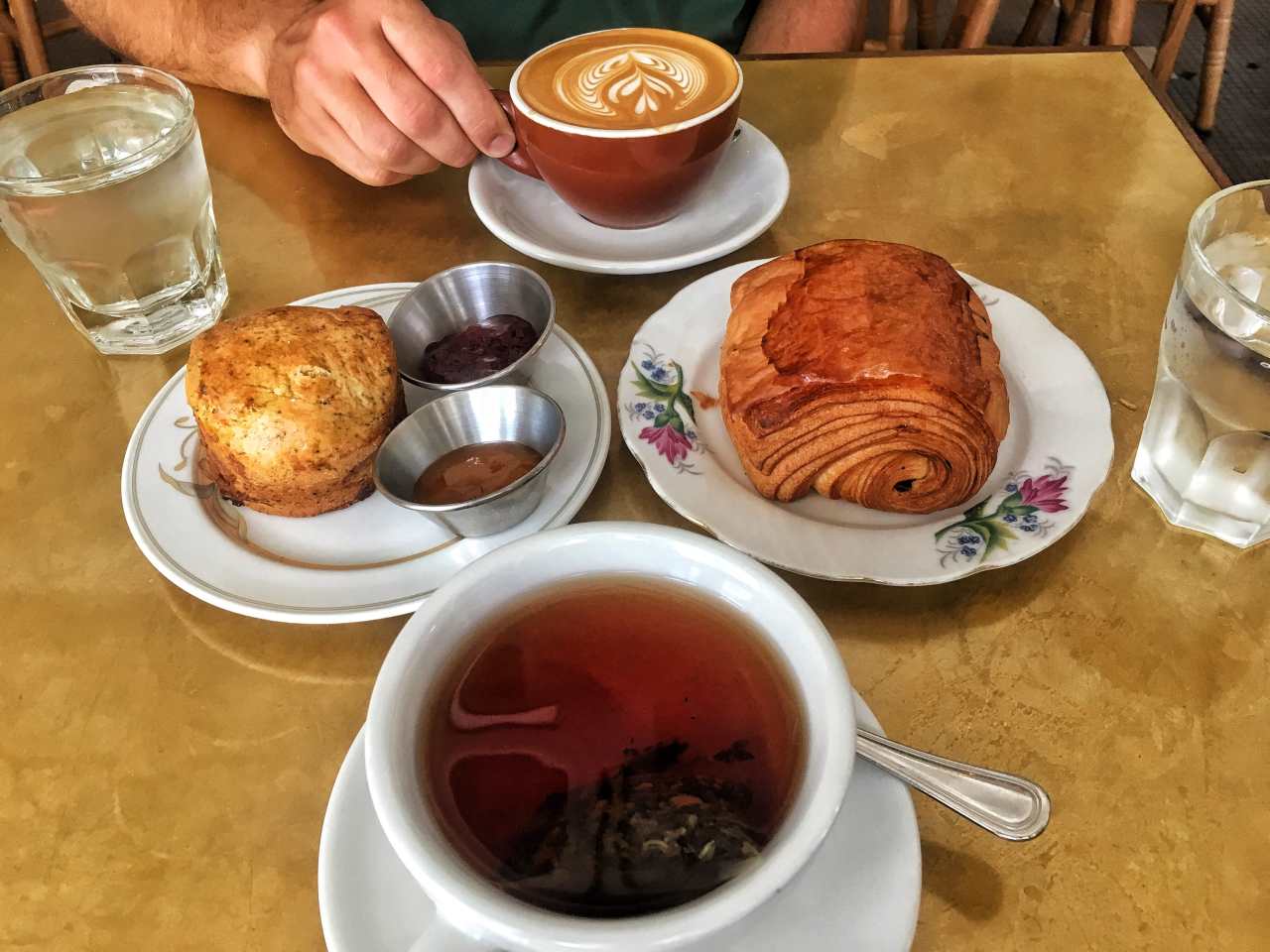 Our afternoon tea time treats at Tiong Bahru bakery in Singapore. Tea coffee and two pastries!