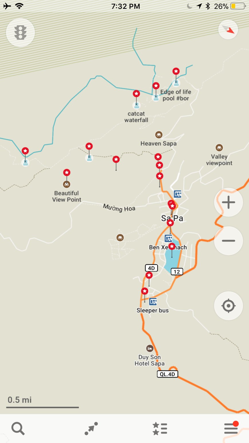 Maps.me screenshot of awesome places to go explore in and around Sapa, Vietnam