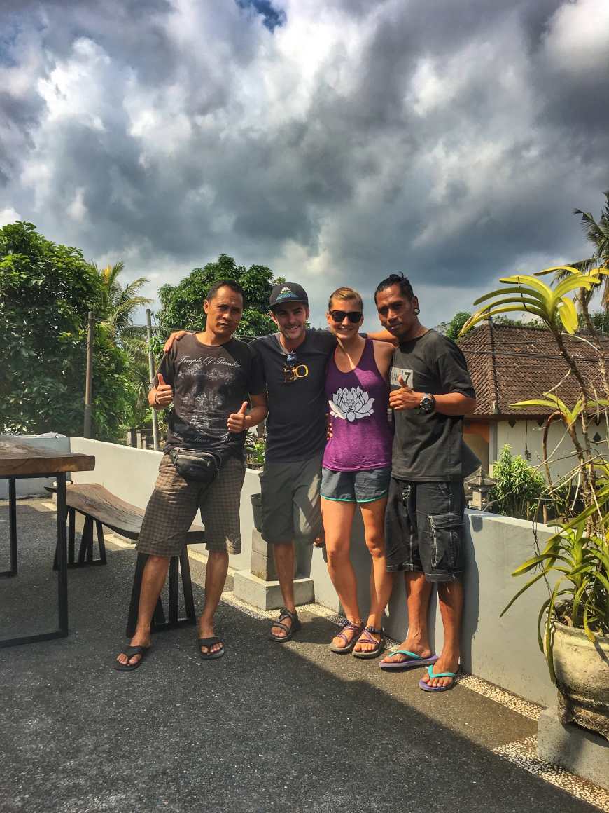 Saying goodbye to our good friends Wayan and Made on our last day in Tampak Siring, Bali at their family homestay