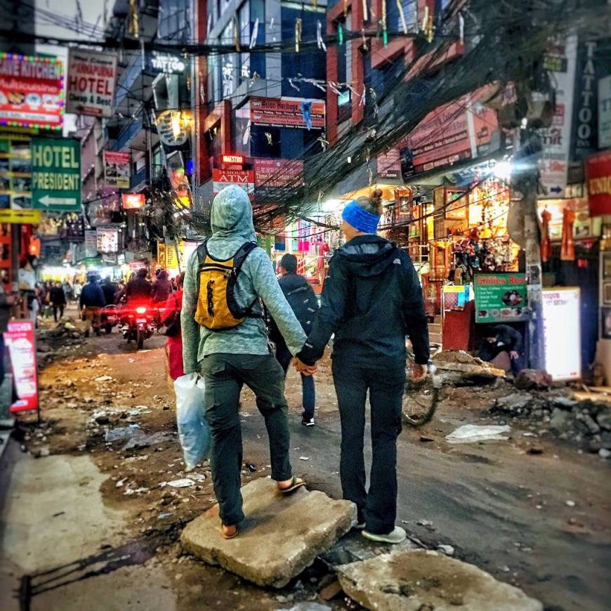 Walking through Thamel, Kathmandu, Nepal buying supplies for our trek just before the blackout
