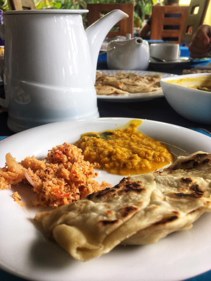 Sri Lanka's staple breakfast dish of coconut sambal, dhal, and roti