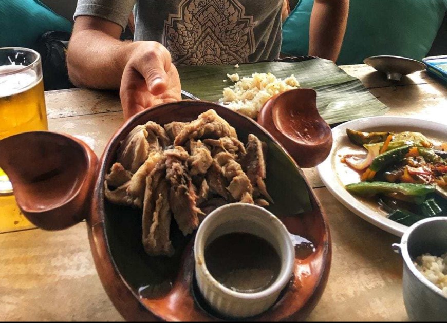 Travel blogger TJ holding up a plate of The Philippine's famous Lechon dish served on a pig-shaped plate