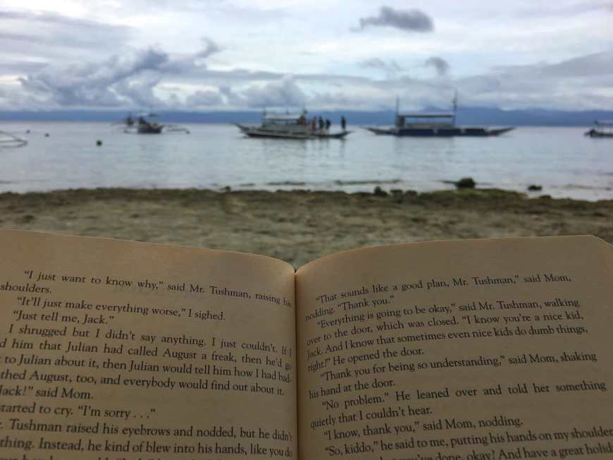 Pages of the book Wonder being read on the beach as the book covered half the screen and the empty beach the rest