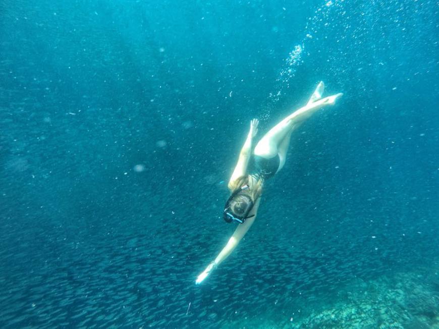 Woman swimming with hundreds of thousands of fish during the sardine run in Moalboal, Philippines